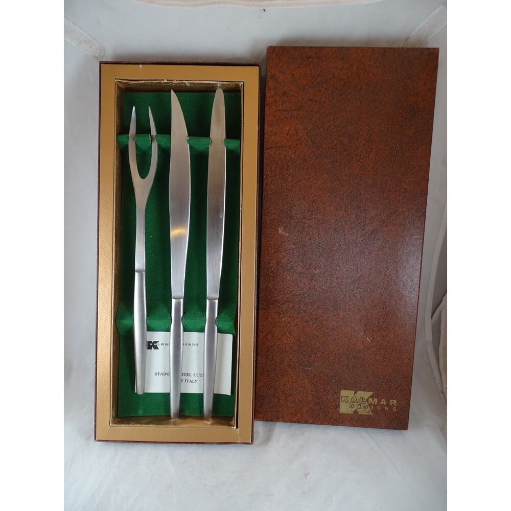 Vtg Kalmar Design Carving Set with Box Italy Modern Stainless Steel 3 Piece MCM